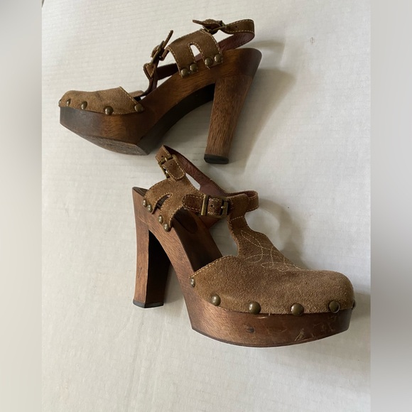 KORS Michael Kors Mary Jane Tan Suede Wood Platform Clog Sandal Size 8 1/2 - Picture 5 of 14